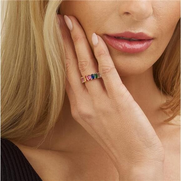 Rainbow eternity ring for women 18K gold plated multicolor gemstone wedding band - Picture 2 of 7